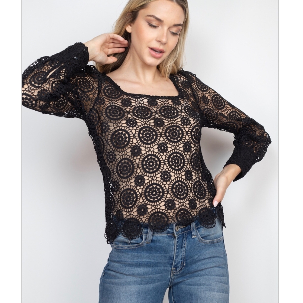 CALISTA Black Embroidered Crochet Long Sleeves Top